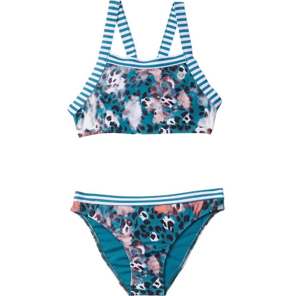 Roxy Girls Island Trip Blue Leopard Crop Top Bottom Set Size 14